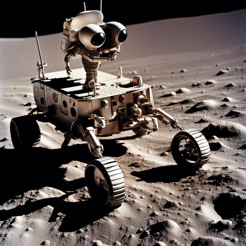 Macro Photograph of Alien Driving Lunar Rover
