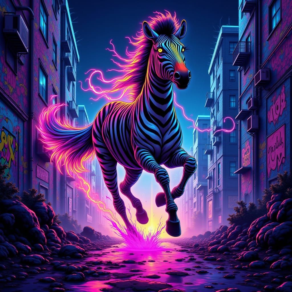 Majestic Zebra Gallops Through Cyberpunk Cityscape