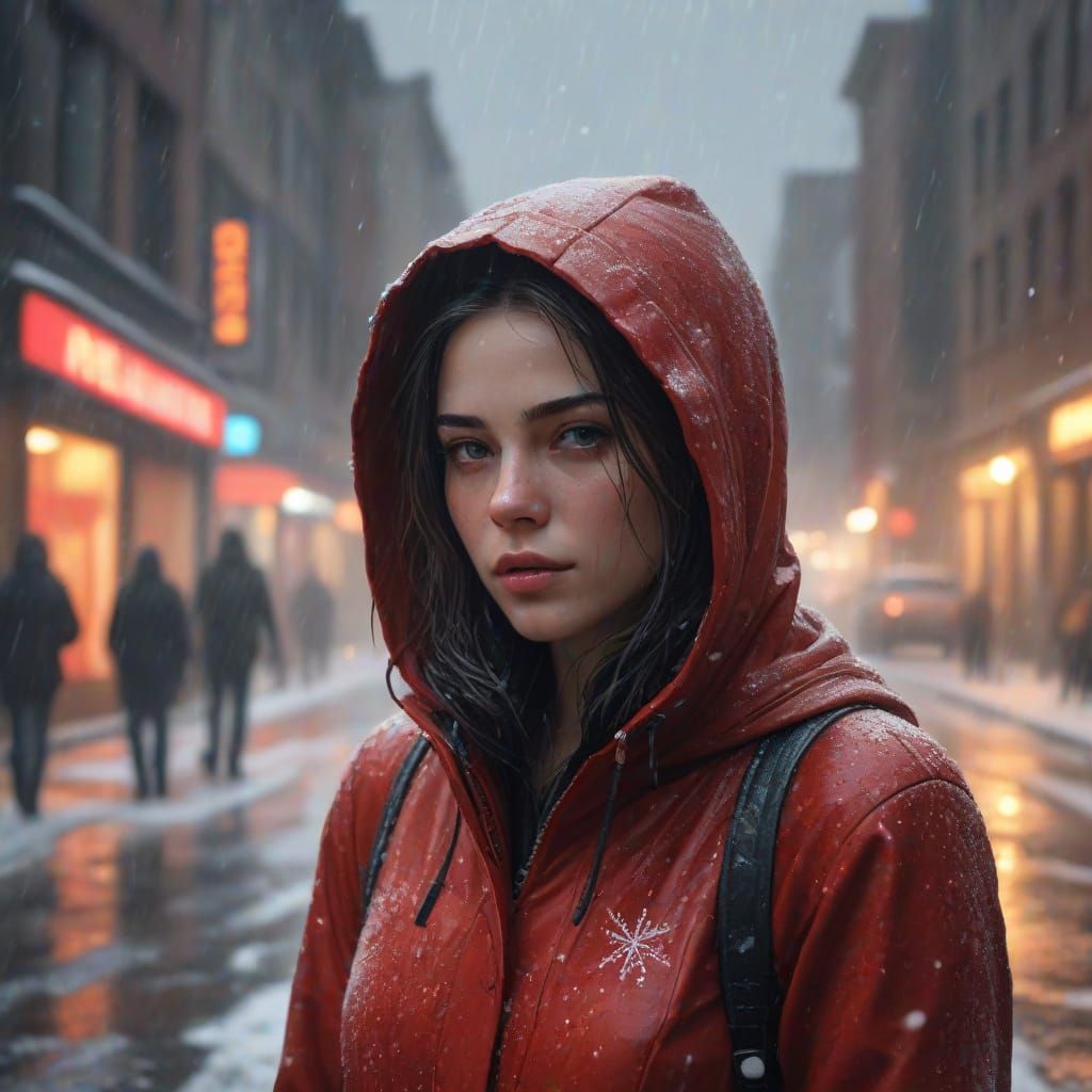 Cityscape Woman in Bloody Red Rain: Digital Art