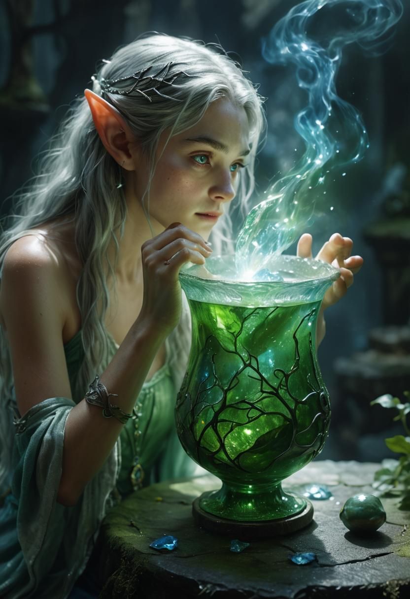 Elven Beauty with Magic Potion in Photorealistic Style