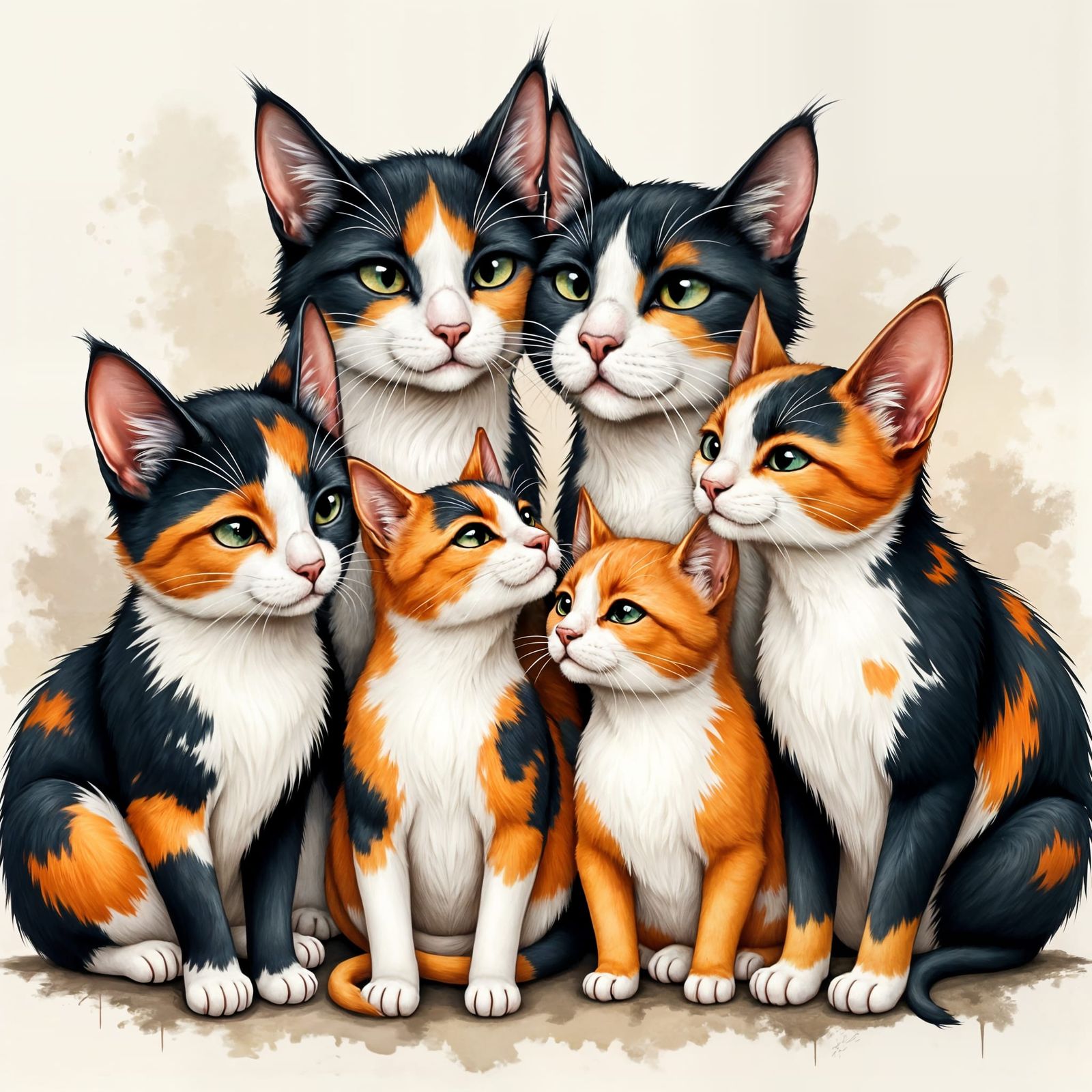 Art Deco Calico Cats Expressing Affection in Family Portrait