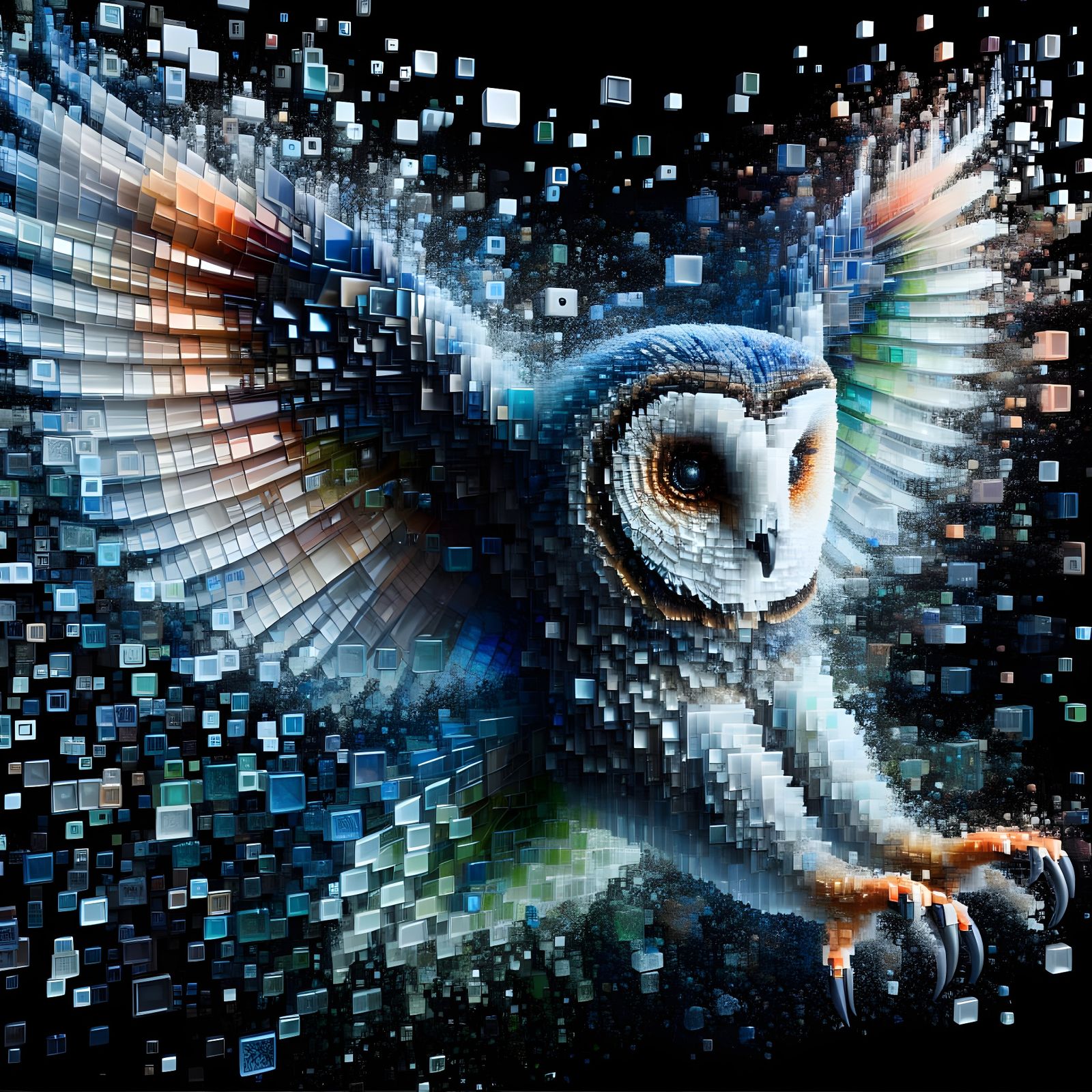 Glass Squares Form a Glowing Owl in Mid-Flight