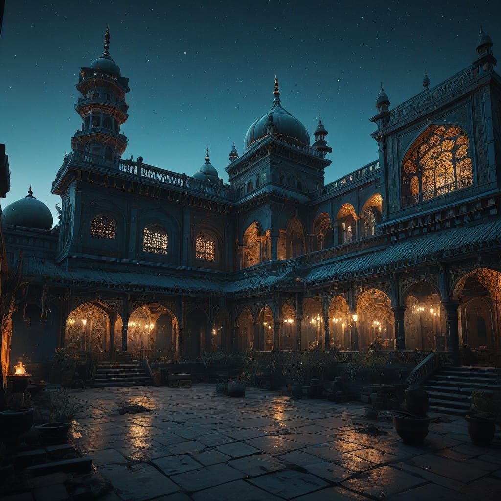 Epic Babylonian Revelry Unfolds in a Starlit, Gemstone-Hued...