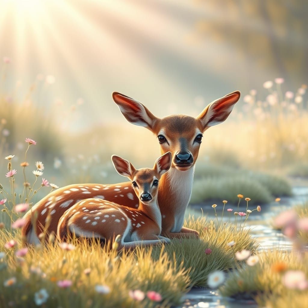 Mother Deer and Fawn in Dawn Meadow