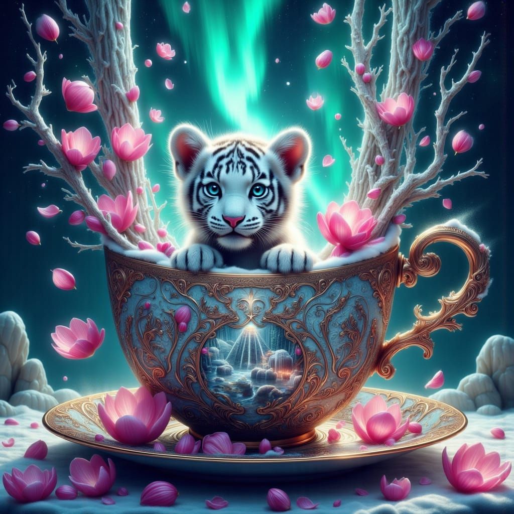 White Tiger Cub in Miniature Teacup Kingdom Under Northern L...