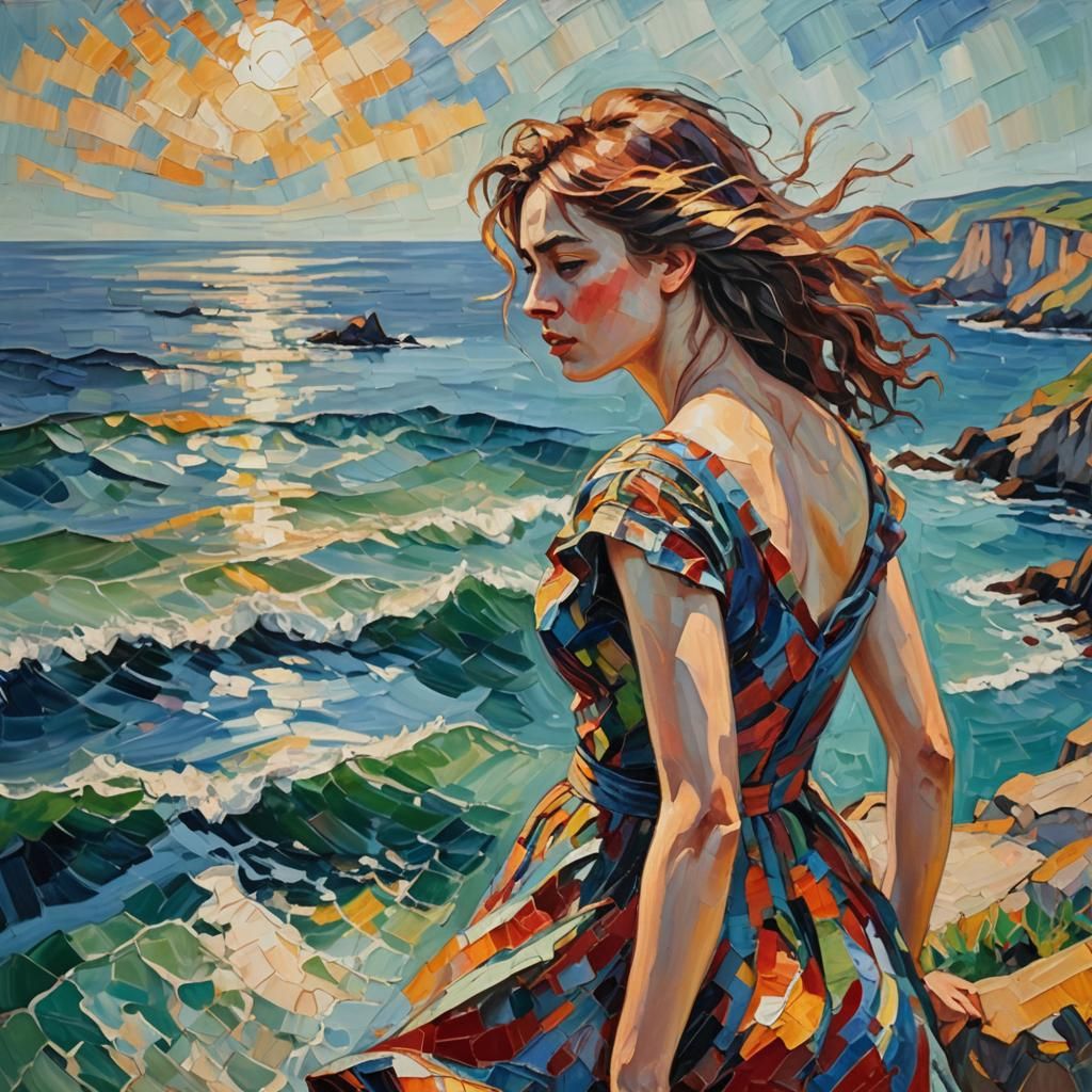 Neo-Impressionist Woman on Cliffs in Vivid Colors