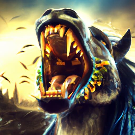Horse with Tiger Teeth Roaring: Epic Digital Painting