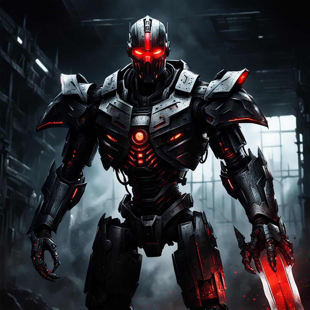 Dark Fantasy Robotic Machine with Glowing Visor