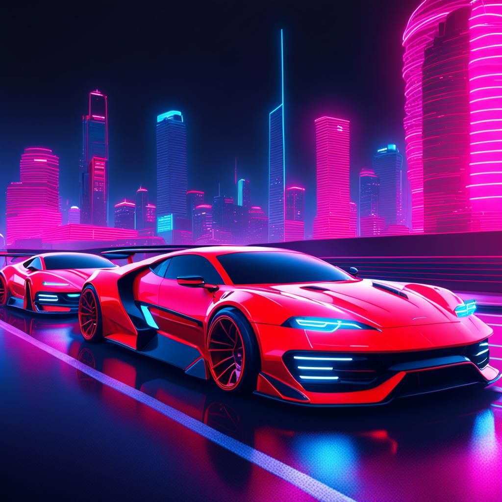 Neon Red Futuristic Cars Racing in Synthwave Style