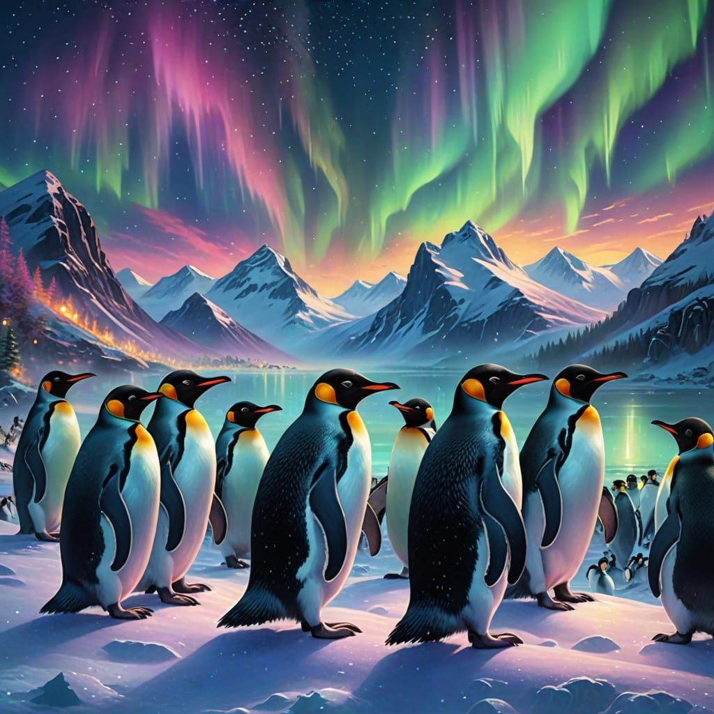 Penguins Watch Northern Lights in Dreamlike Fantasy
