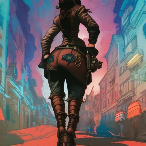 Steampunk City Walker in Vibrant Comic Art