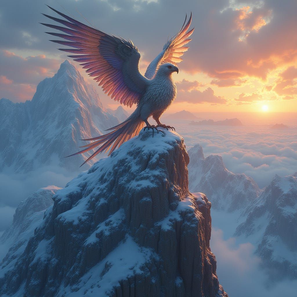 Majestic Griffin on Snow-Capped Mountain Peak in Iridescent ...