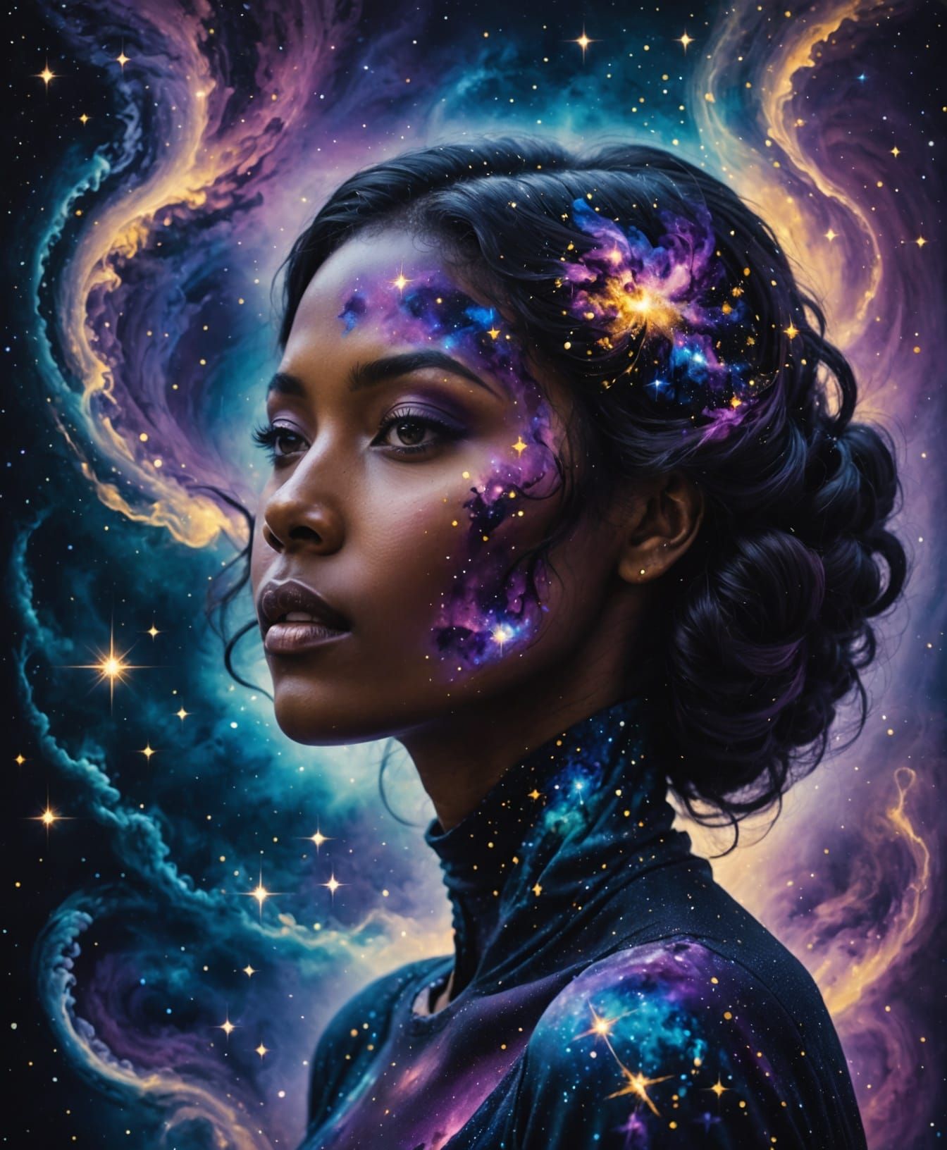 Surreal Woman Portrait with Galaxy Within