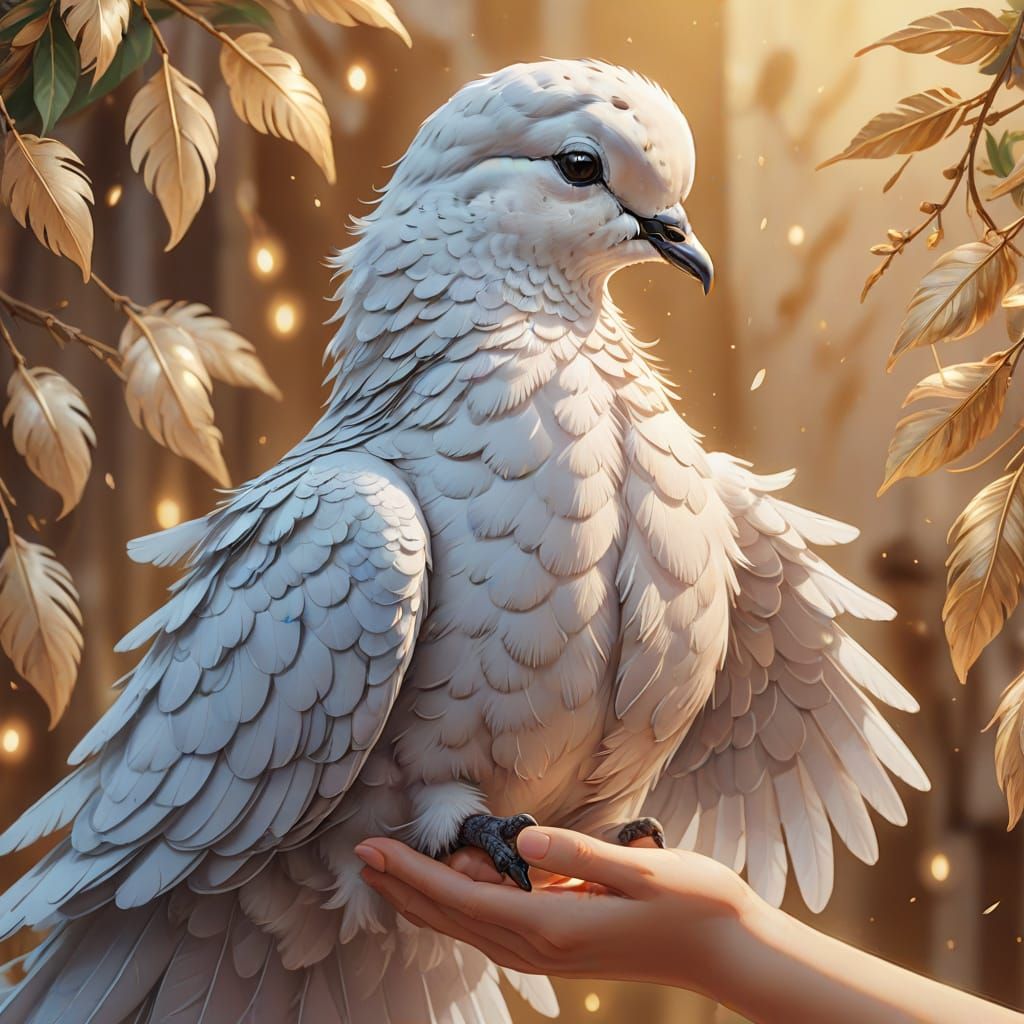 Anime-Style Dove Perched on a Hand in a Whimsical Fantasy Sc...