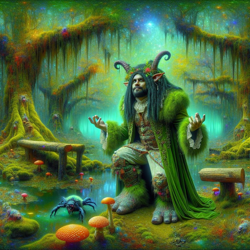 Gothic Man in Troll Costume in Spooky Swamp