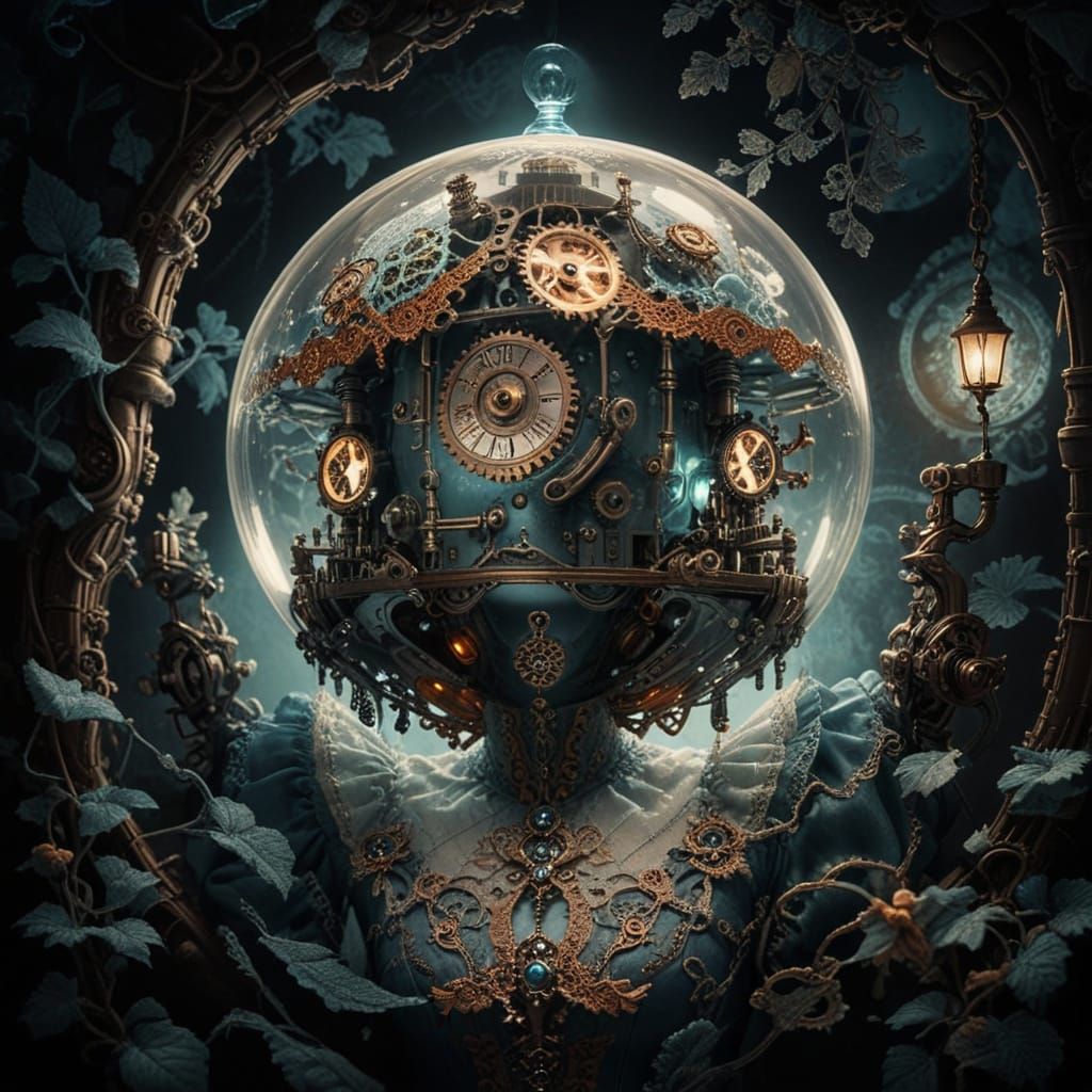 Steampunk Woman in Blue Dress with Orange Embroidery