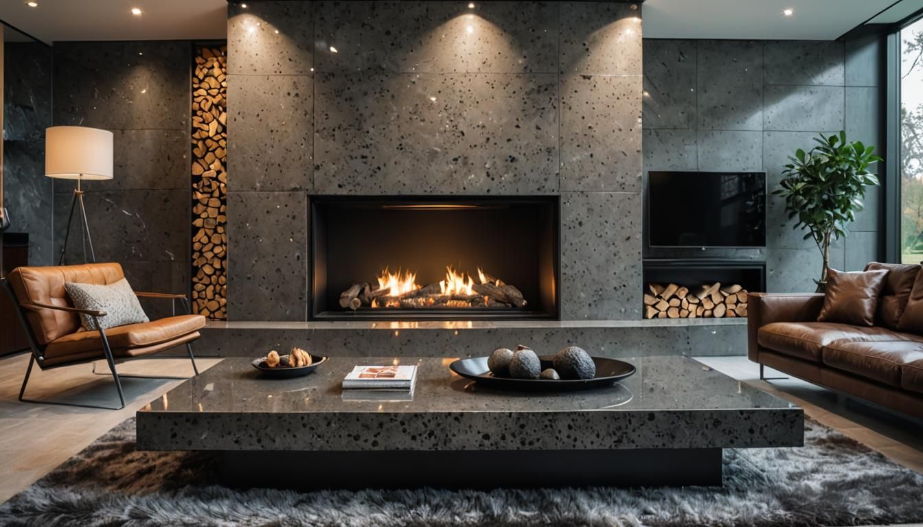 modern cubic house with polished grey granite fireplace