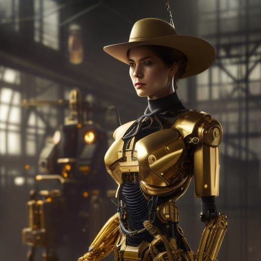 Steampunk Robot Detectives in Gold, Detailed Portrait