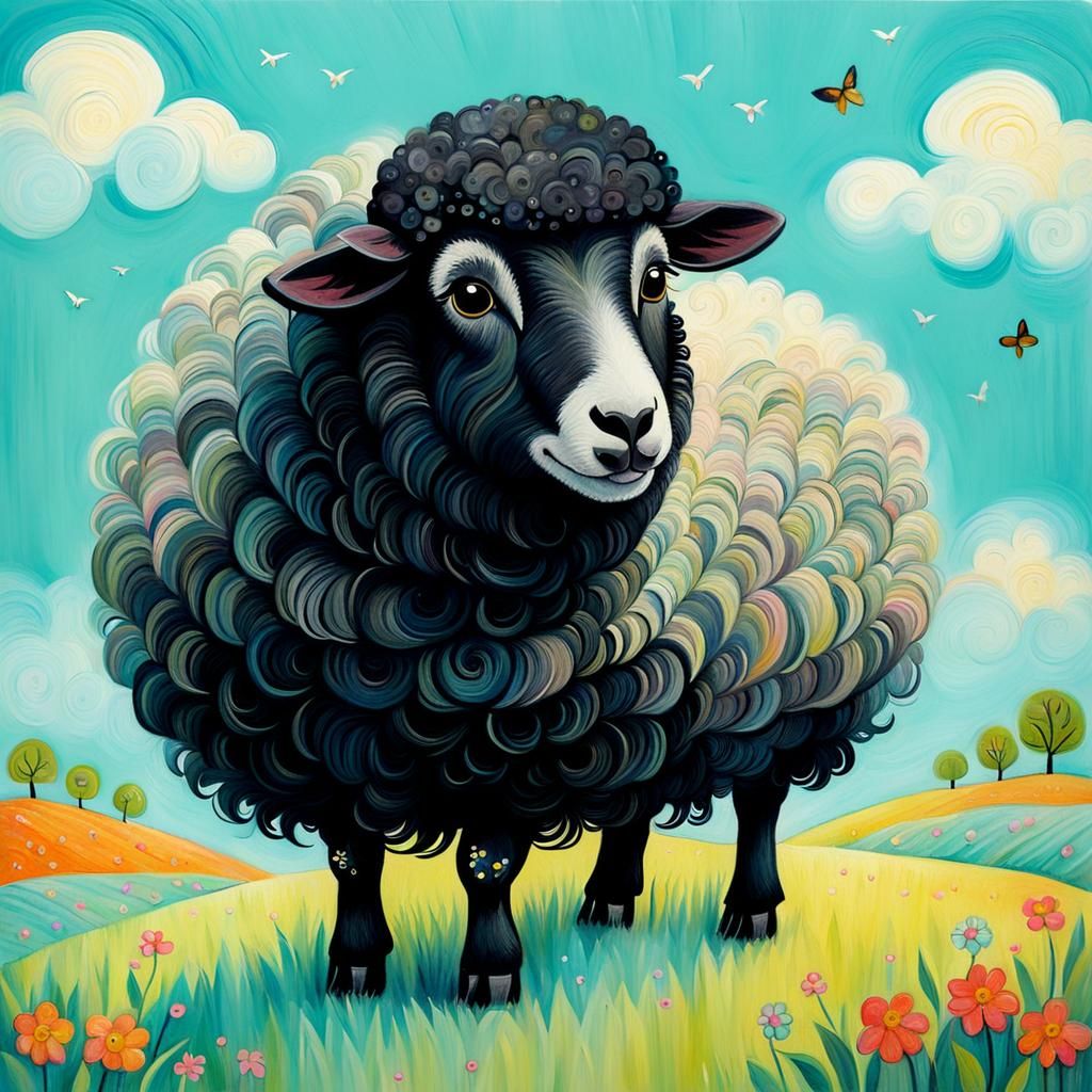 Whimsical Black Sheep in Cute Folk Art Style