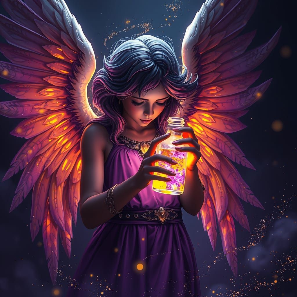 Tired Angel Holds Magical Sleeping Potion in Dark Fantasy Ar...