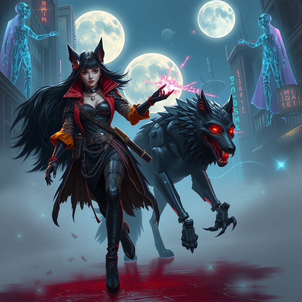 Cyberpunk Mage and Mechanical Wolf in Steampunk City
