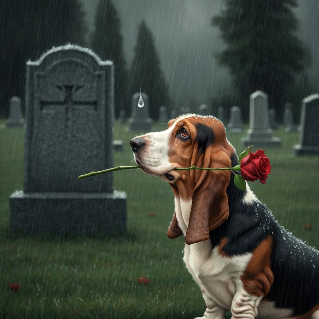 Sad Basset Hound in Cemetery with Rose, Impressionist Painti...