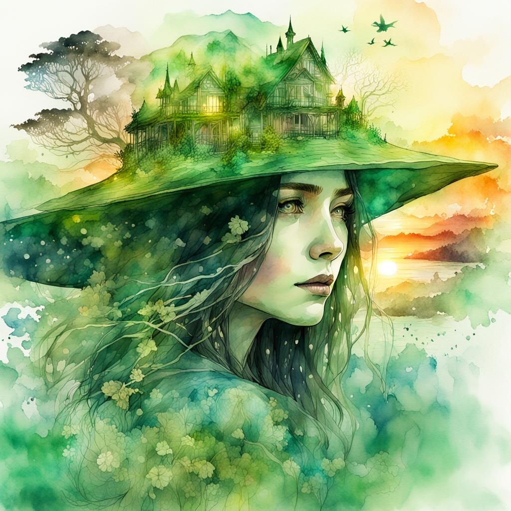 Green Witch Gazing at Summerscape Sunset Watercolor