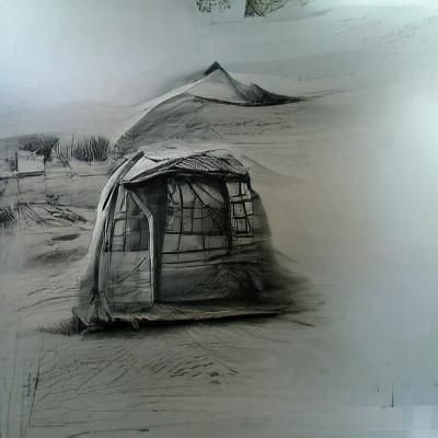 old abandoned open tent in the middle of Gobi desert