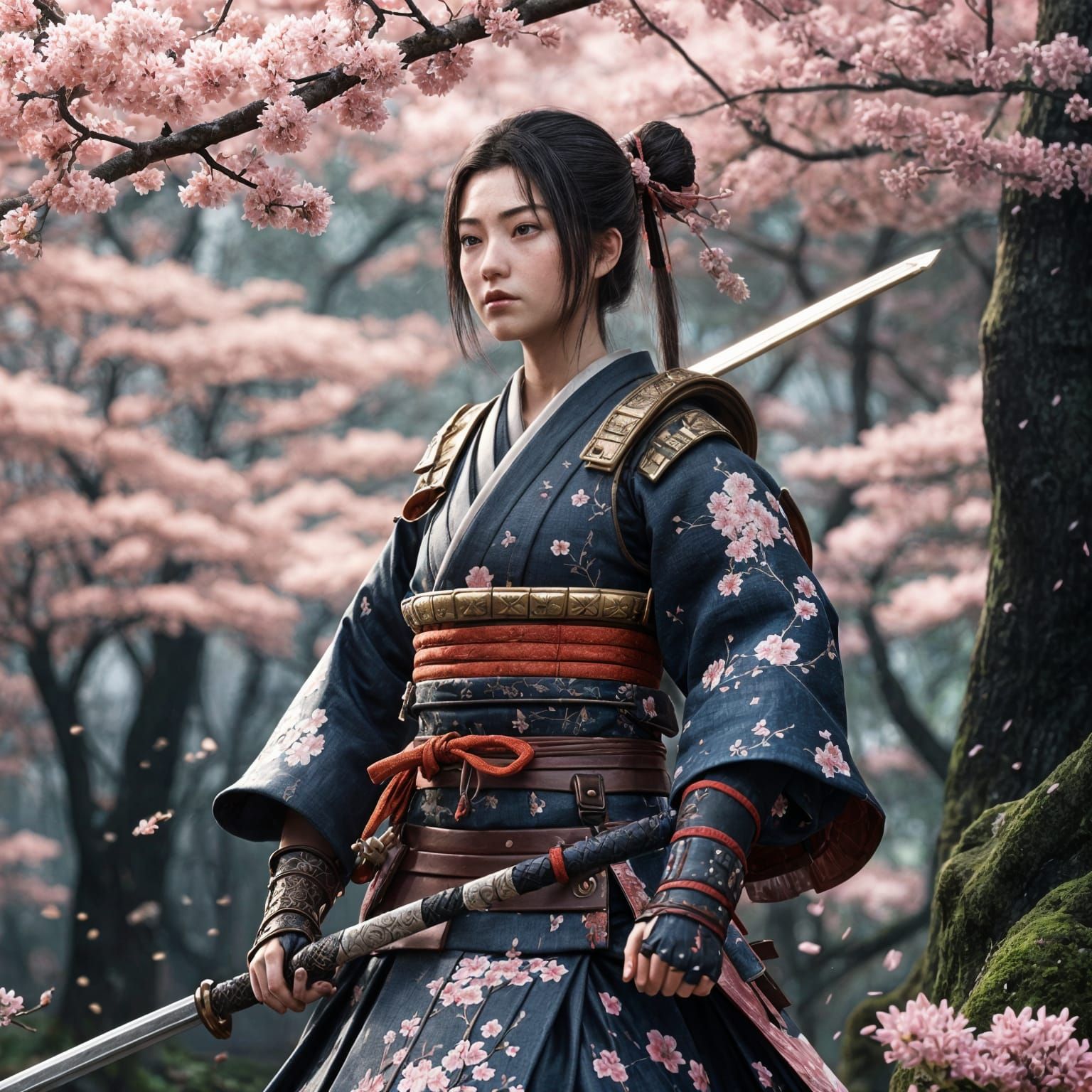 Japanese Woman Samurai in Sakura Forest: 3D Anime Art