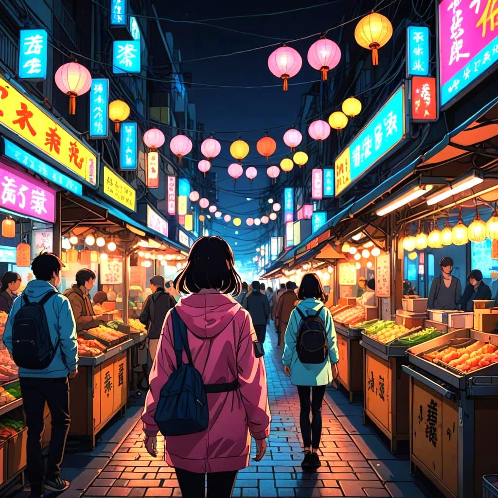 Anime Girl at Bustling Night Market