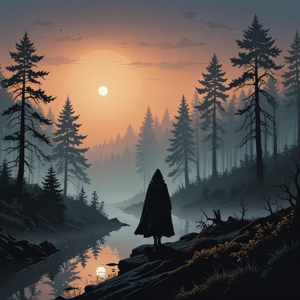Woman in Cloak Wandering in Foggy Forest