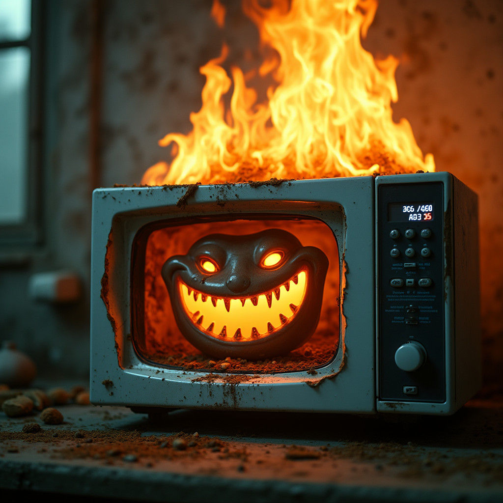 Flaming Microwave Oven Grinning with Dark Humor