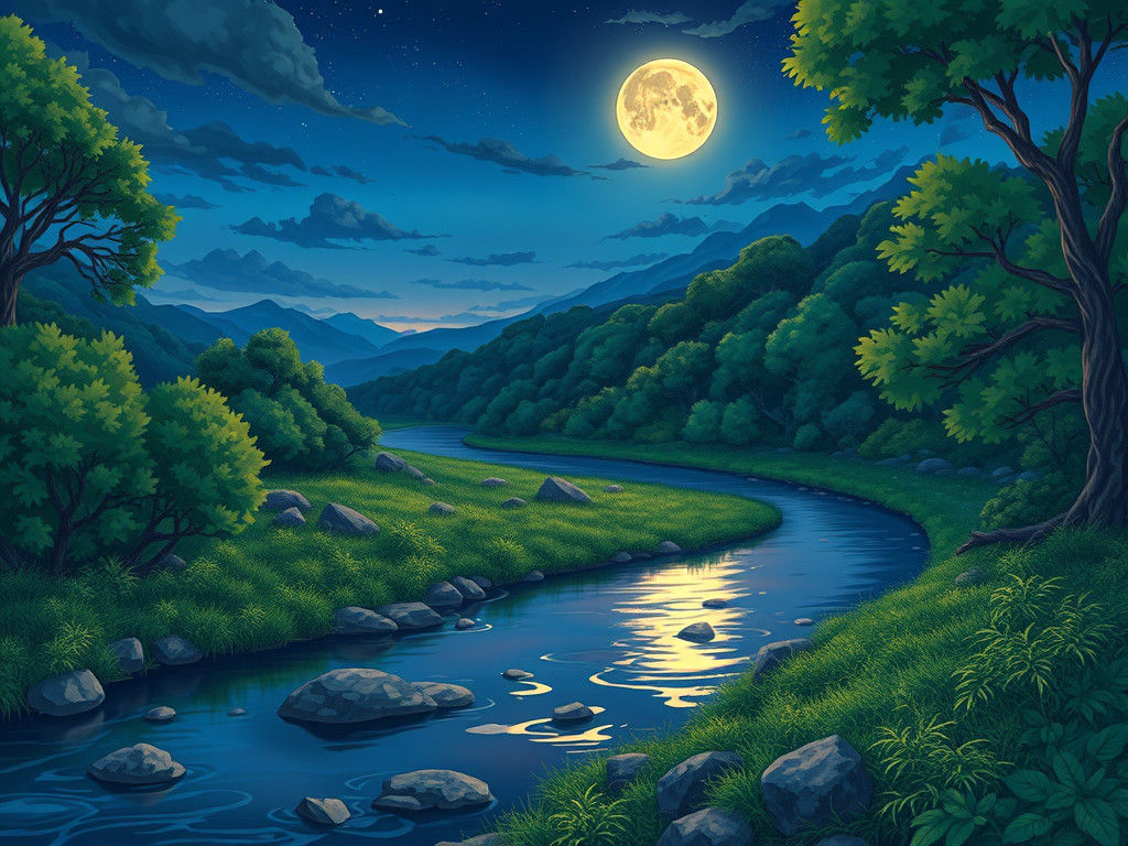 Mystical Riverbank at Dusk: Anime Key Visual Art