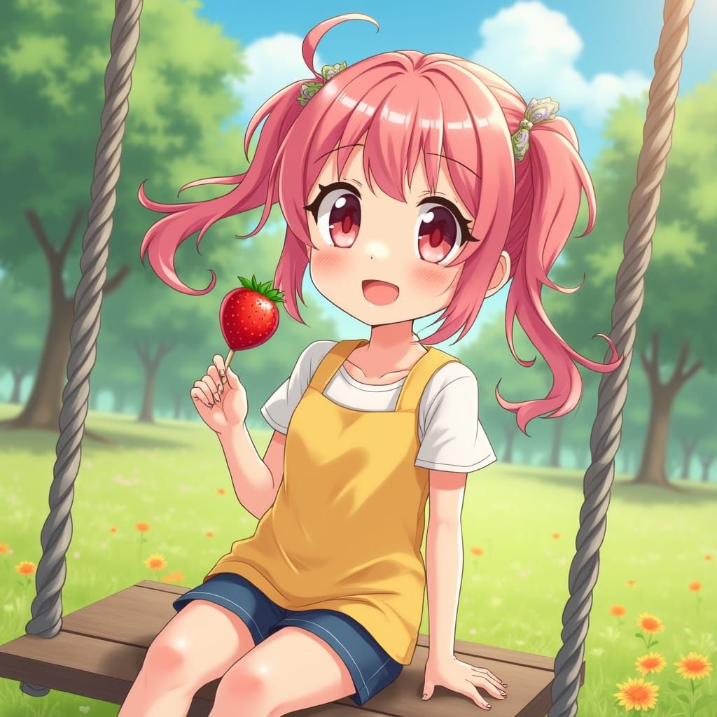 Anime Girl Enjoys Strawberry Lollipop on Park Swing