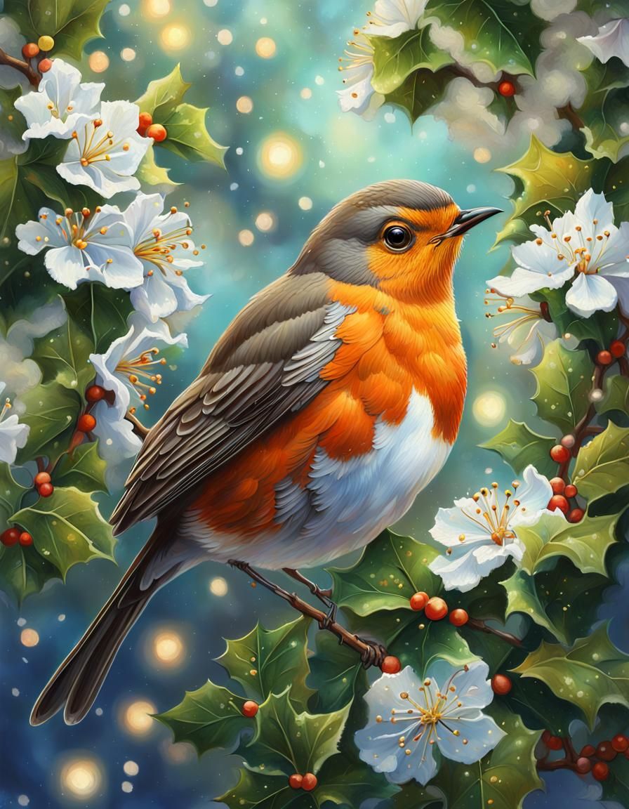 Robin Among Sakura Blossoms: Hyperrealistic Oil Painting