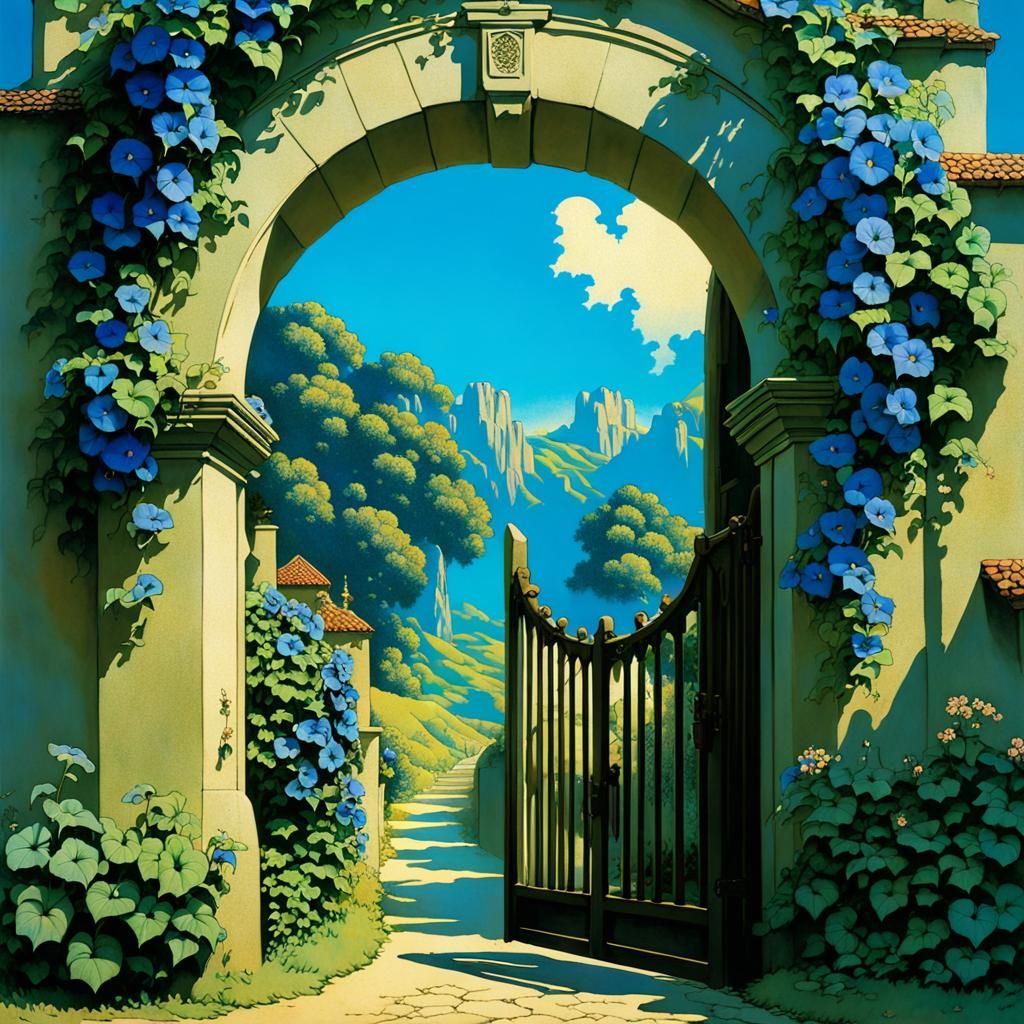 Medieval Gate with Morning Glories in Anime Style