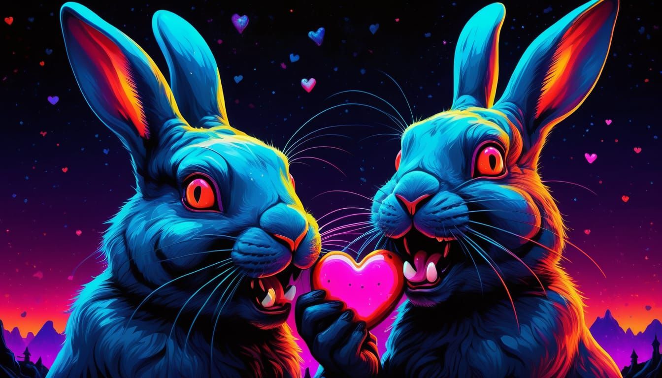 Psychedelic Horror: Evil Bunny Kisses Hearts in Neon