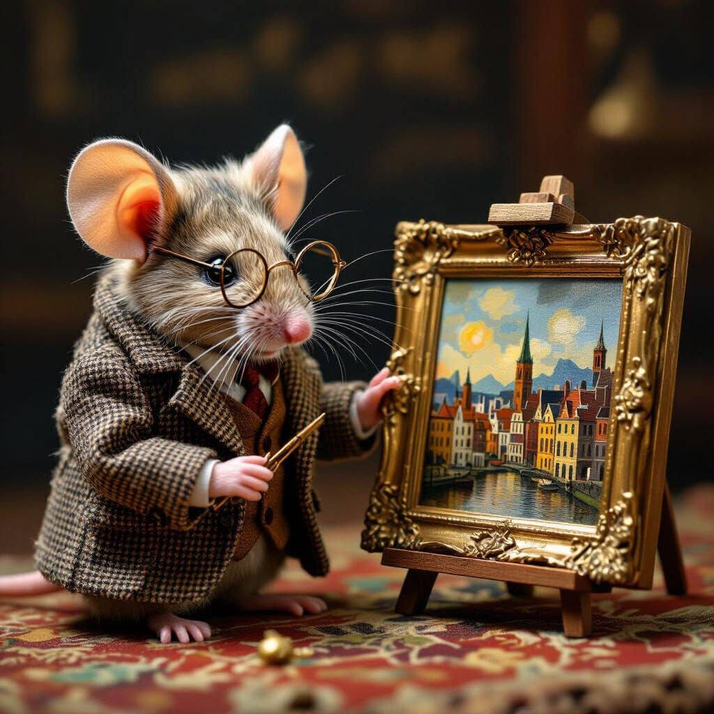 Mouse Artist Examines Miniature Cityscape Painting