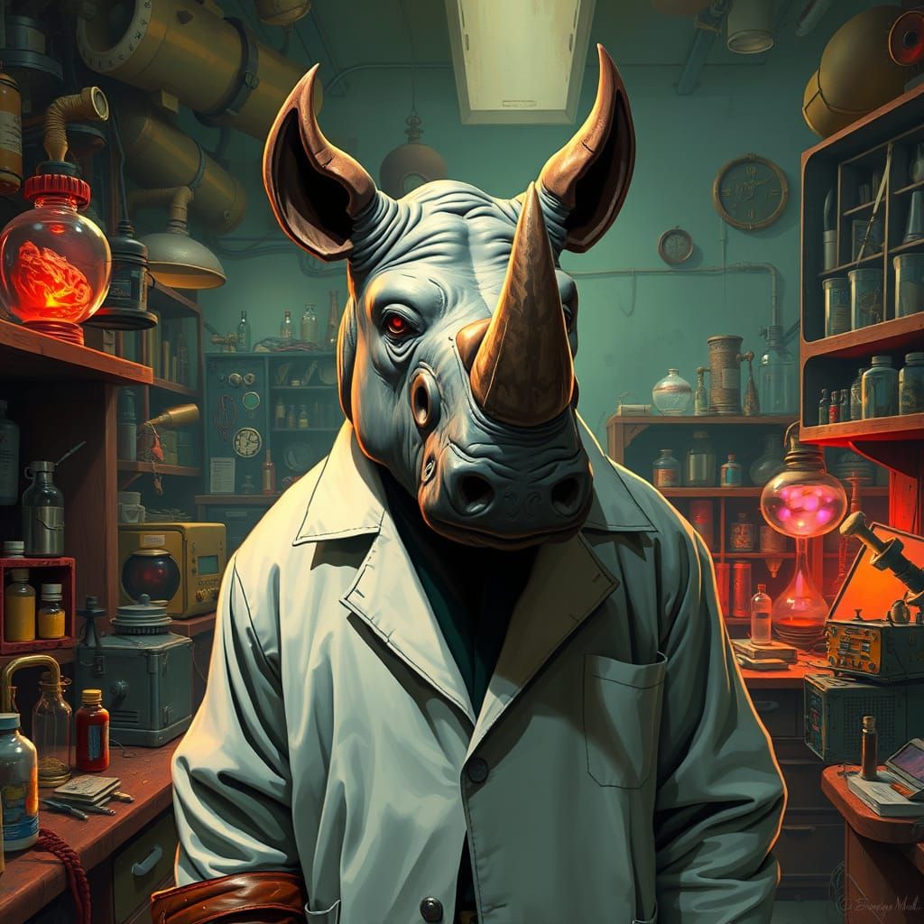 Hellboy Rhino Scientist in Hyperrealistic Splash Art