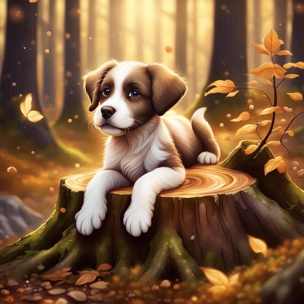 Puppy in Enchanted Forest Fantasy Illustration