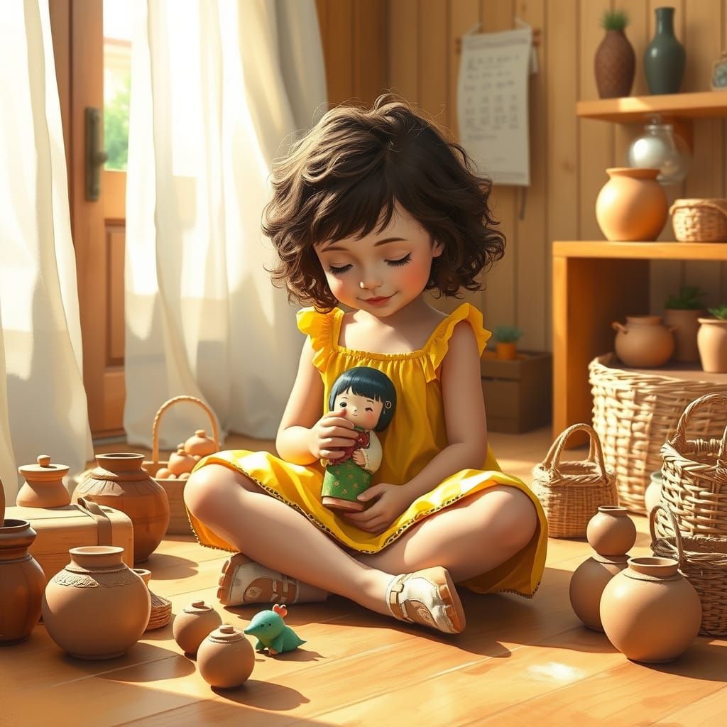 Young Girl in a Sun-Drenched Playroom with Kokeshi Doll and ...