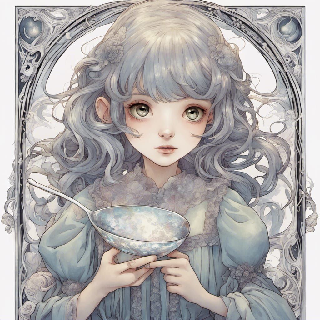 Iridescent Ghost Girl in Art Nouveau Anime Style