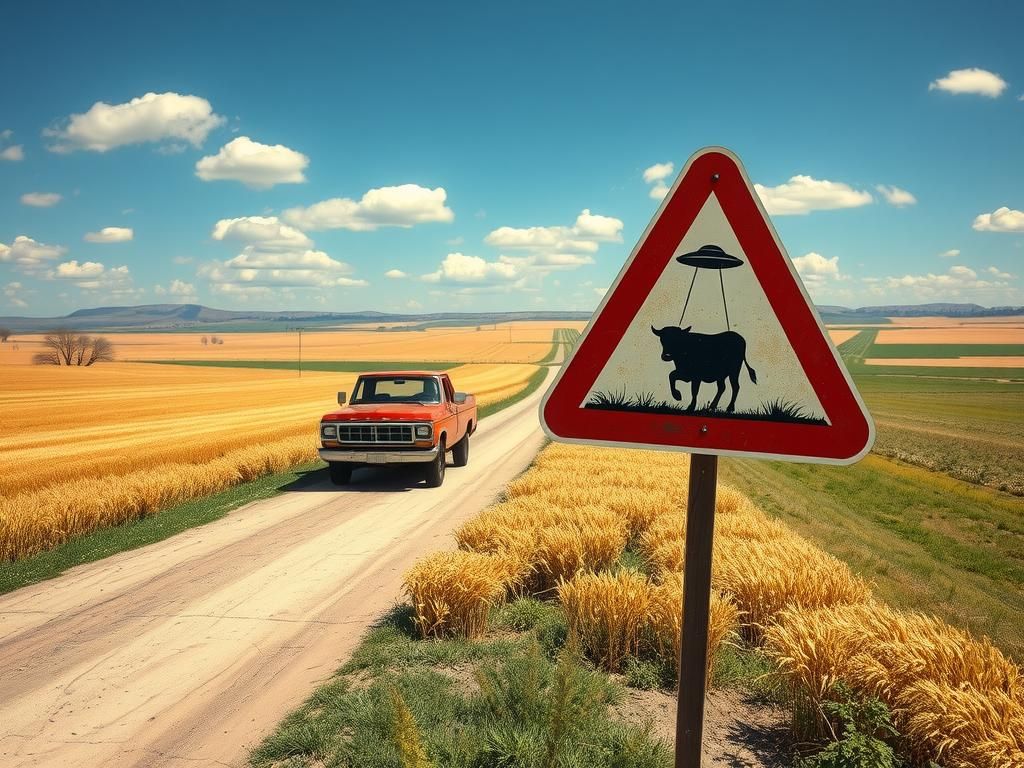 Rural Midwest Landscape with UFO Warning Sign