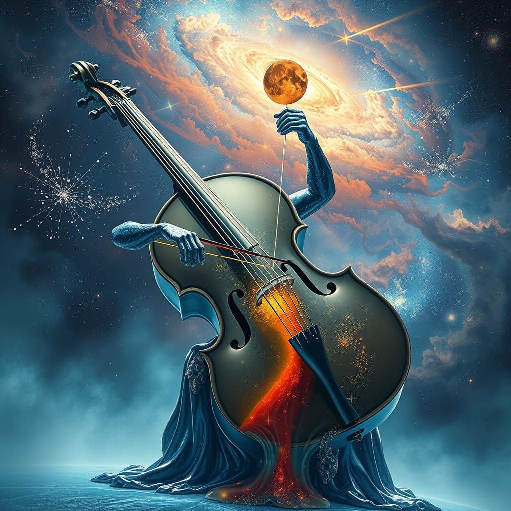 A surreal, liquid-metal cello melting into a galaxy, where t...