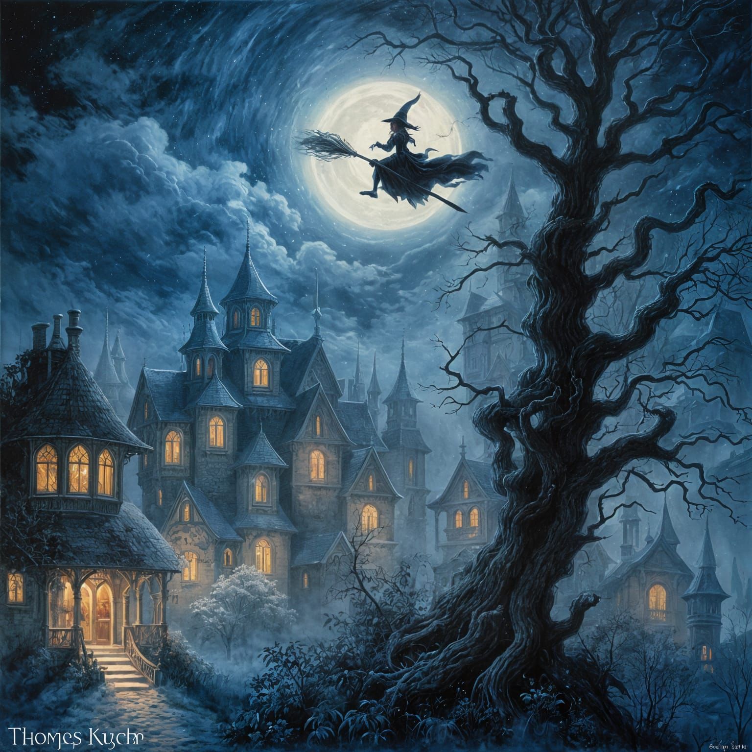 Ethereal Witch Flight at Midnight: A Gouache Painting