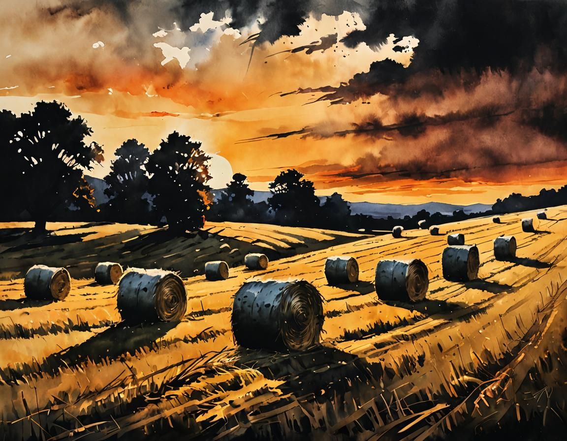 Ink Painting: Bales of Hay at Sunset