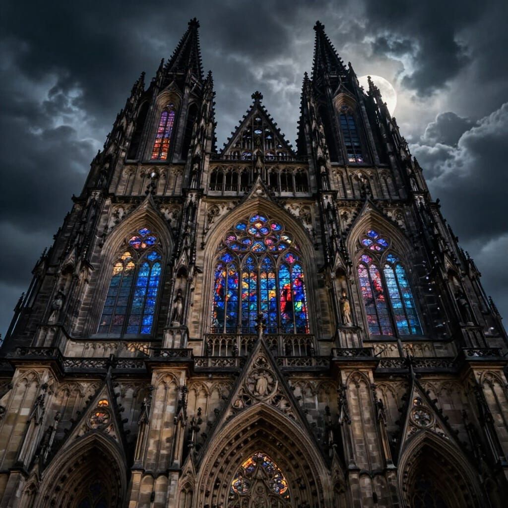 Gothic Cathedral Under Stormy Moonlit Sky