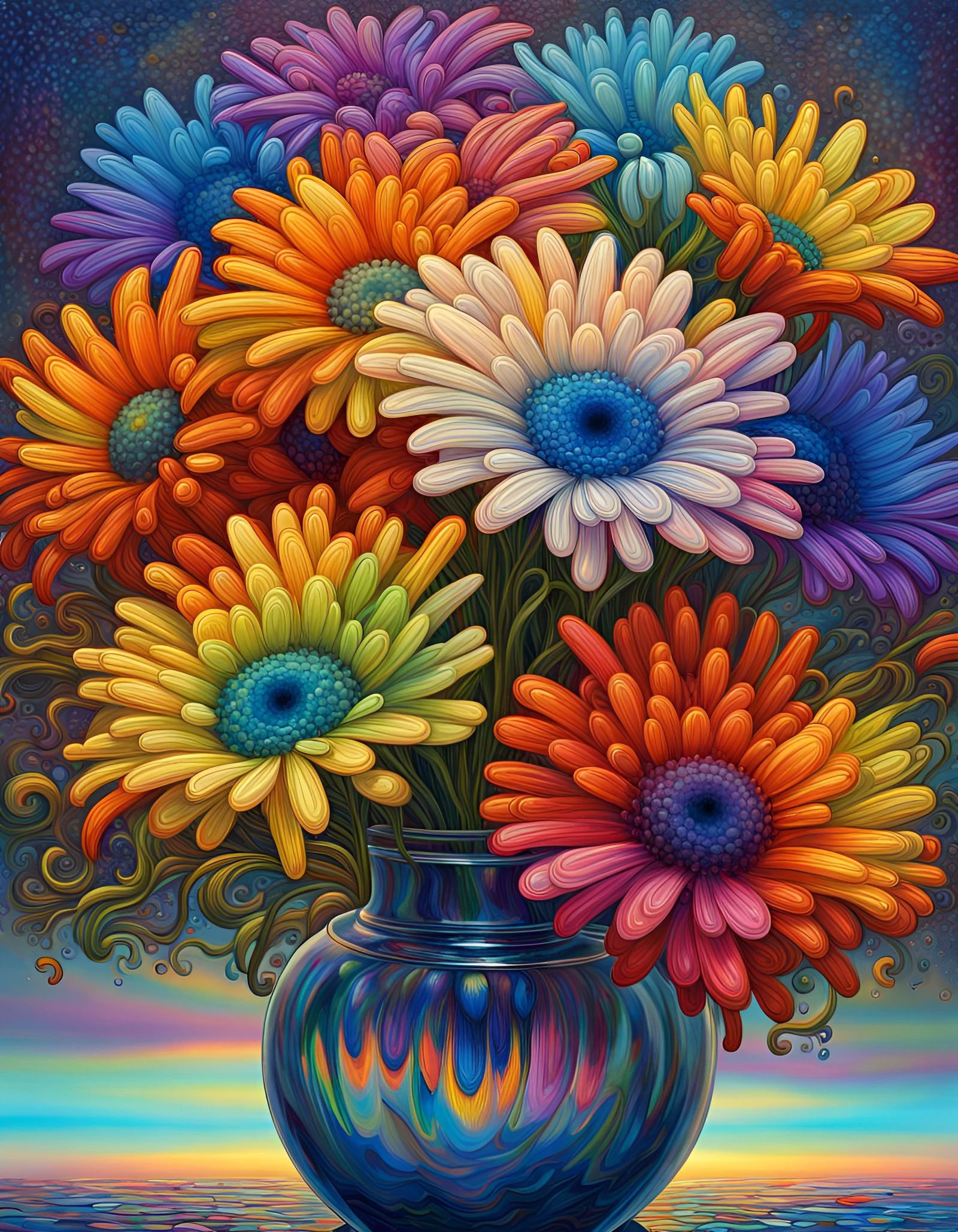 Rainbow Daisies Bouquet in Surreal Expressionist Style