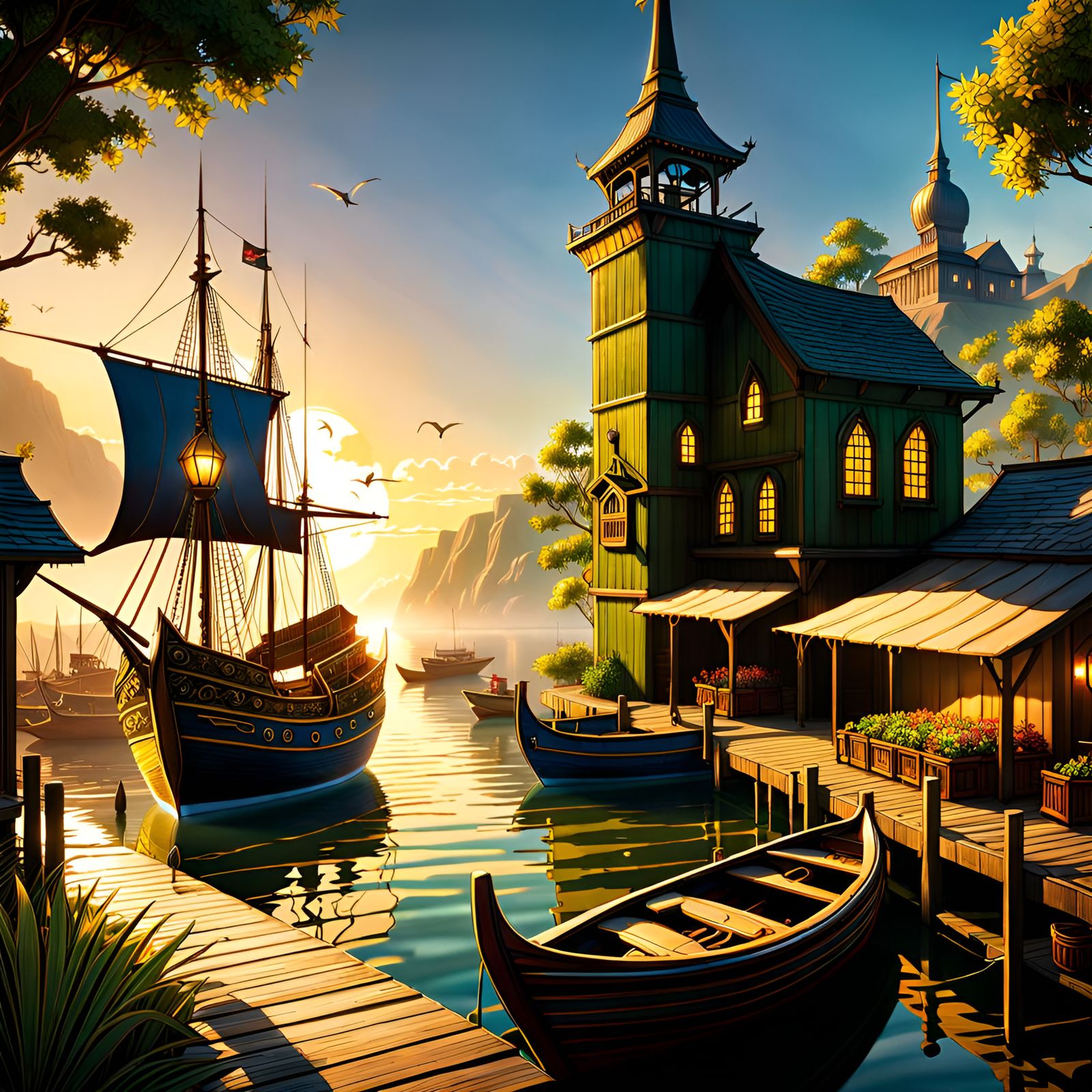 Hinterland Harbor
by John Avon, MTG, D&D, digital art, hyperdetailed Unreal Engine 5.3, blue, yellow, and green, intri...