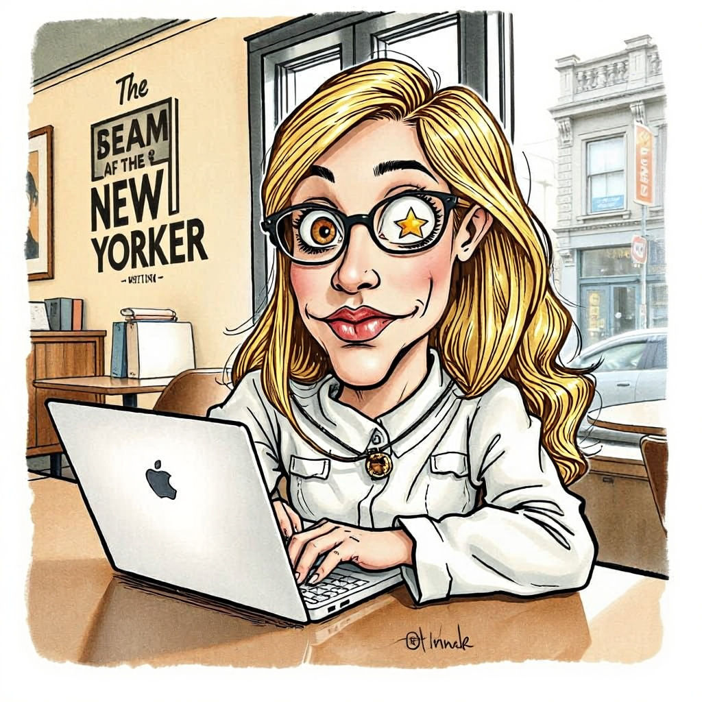 A beautiful color pen and ink New Yorker caricature of a writer with exaggerated big eyes and stars in her eyes, typing ...